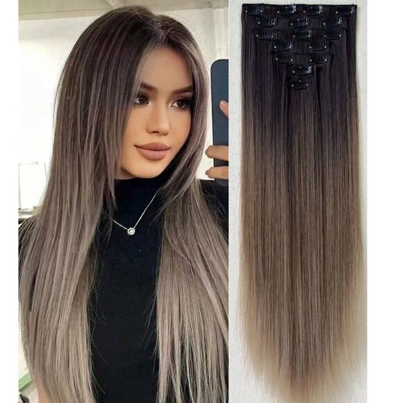 Ombre Brown & Blonde Straight hair Clip in Long Hair Extensions 22 in Set - Picture 7 of 11